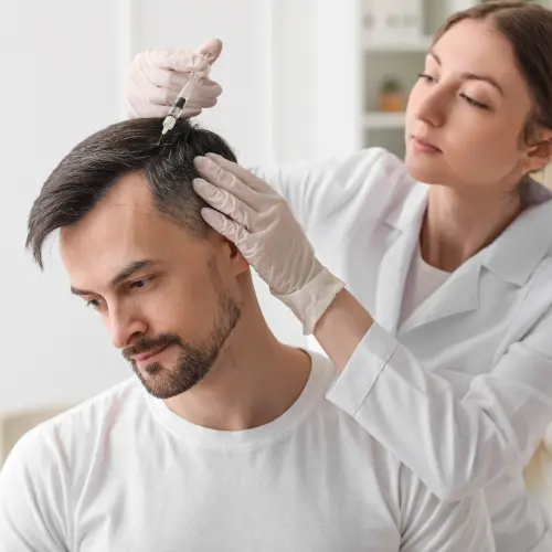 Young man receiving hair transplant treatment from a professional doctor in a clinical setting.